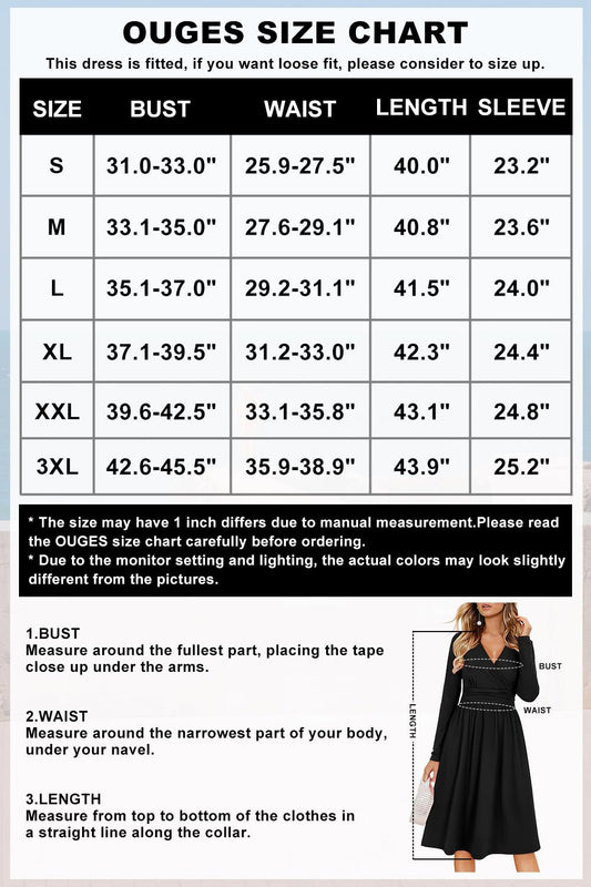 OUGES Kleid Damen Herbst V-Ausschnitt Langarm Kleider Herbstkleid Knielang Winterkleid Midi Mit Taschen