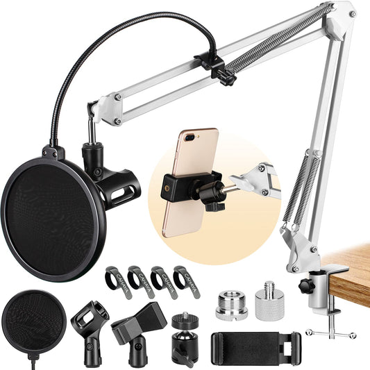 CAHAYA einstellbare Mikrofonständer professionelle Mikrofonhalter Mikrofonaufhängung Boom Scissor Arm Stand mit Mic Pop Filter Weiß CY0263-2