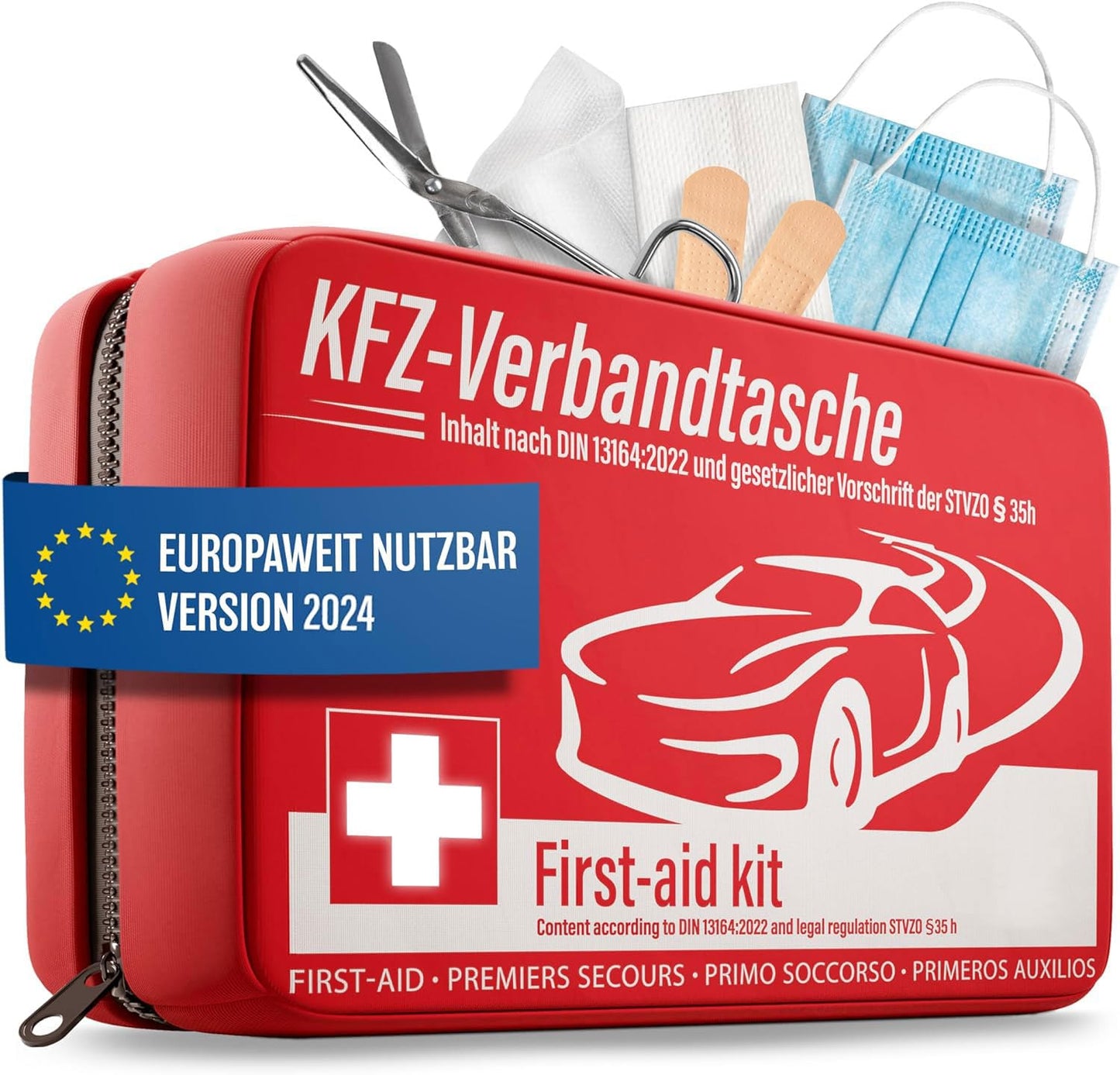 HELDENWERK KFZ Verbandstasche nach aktueller Norm 2024 - Europaweit Nutzbar - Erste Hilfe Set Auto Verbandskasten DIN 13164:2022 (StVO konform)