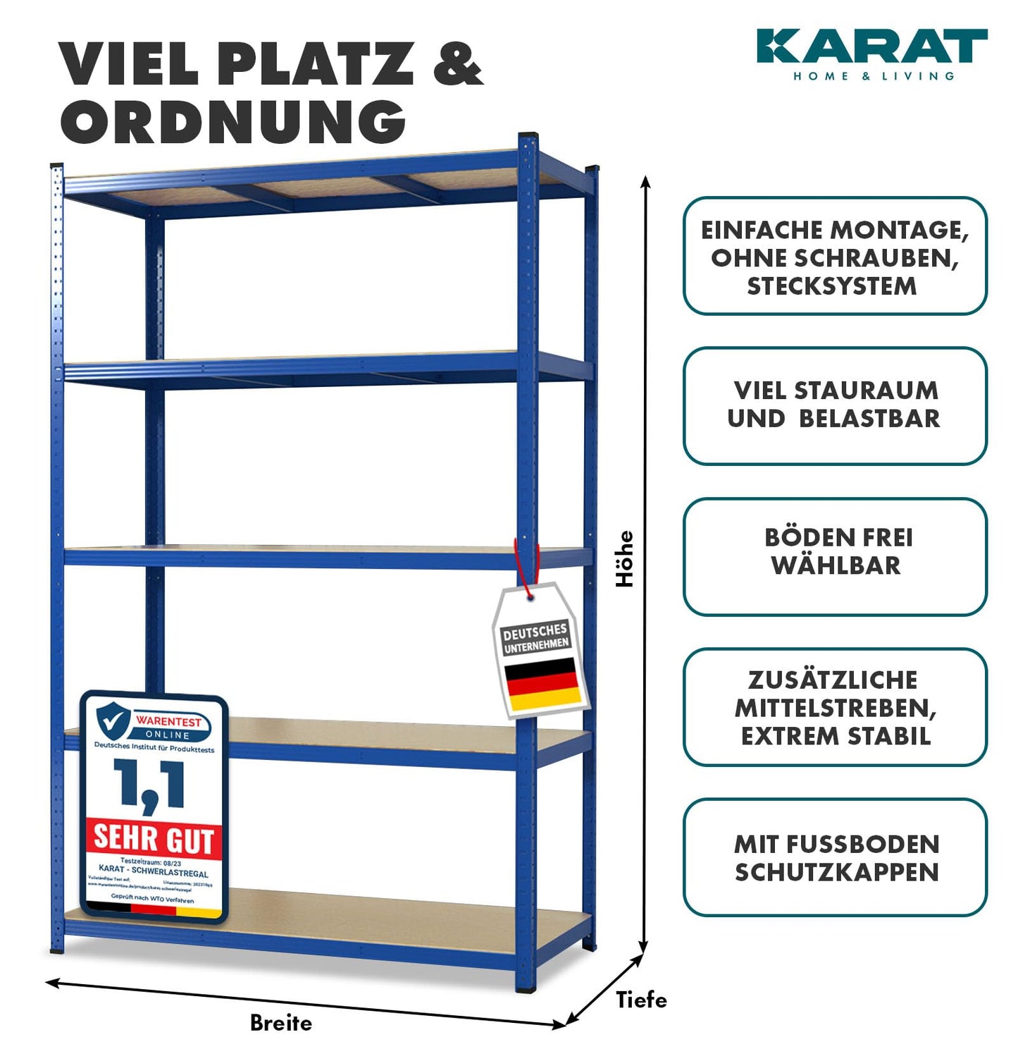 KARAT Schwerlastregal, 2er Set, 30 x 75 x 150 cm Steckregal, Kellerregal, Lagerregal - 5 verstellbare Böden (Blau)
