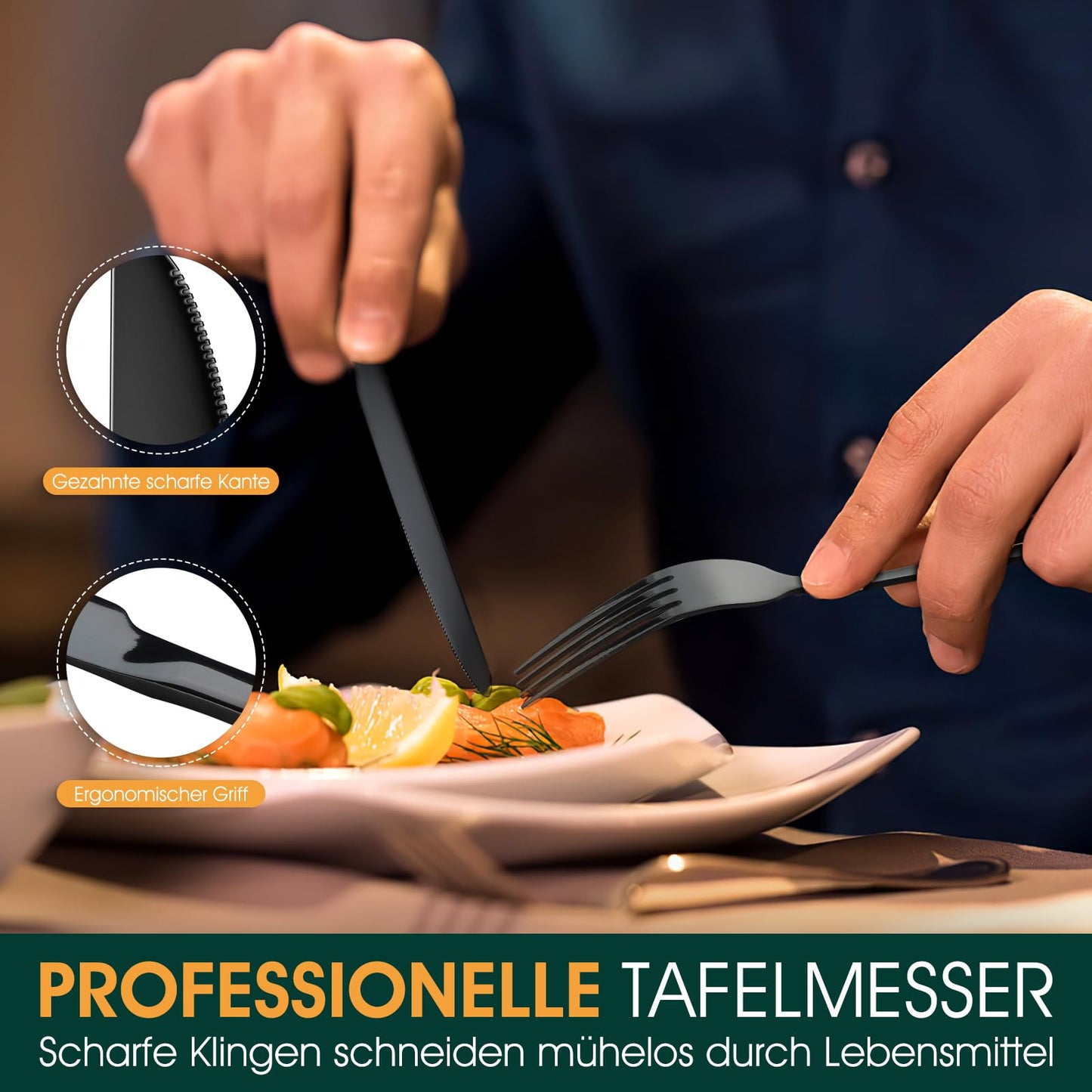TAN REN Besteck Set Schwarz 6 Personen, 36-Teiliges Edelstahl Besteckset Schwarz mit Steakmesser, Elegantes Essbesteck mit Messer Gabel Löffel, Tafelbesteck für Küche/Restaurant