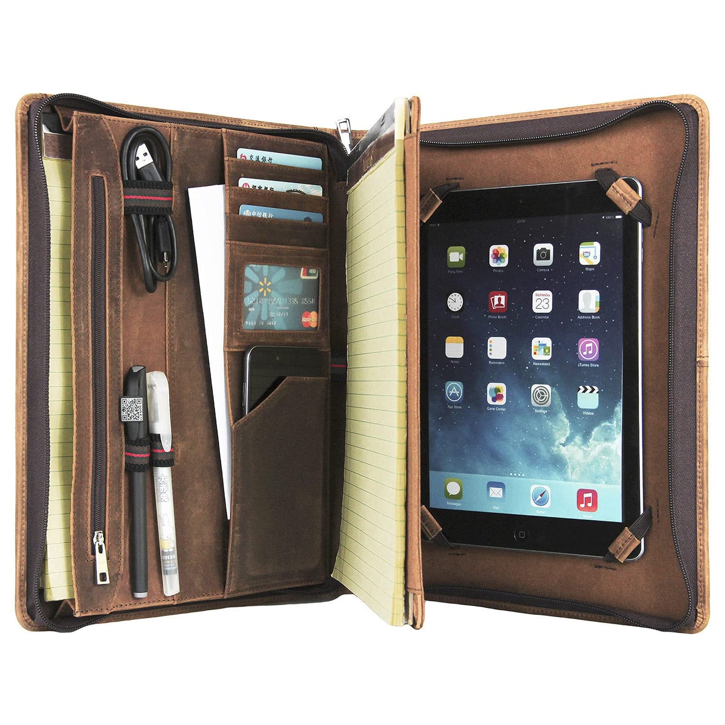 Konferenzmappe A4, Schreibmappe Leder, Ledermappe Dokumentenmappe mit a4 Klemmbrett/Reißverschluss, Businessmapp Tablet Mappe Organizer für iPad 9.7/iPad Pro 9.7/iPad Air 2/iPad Air