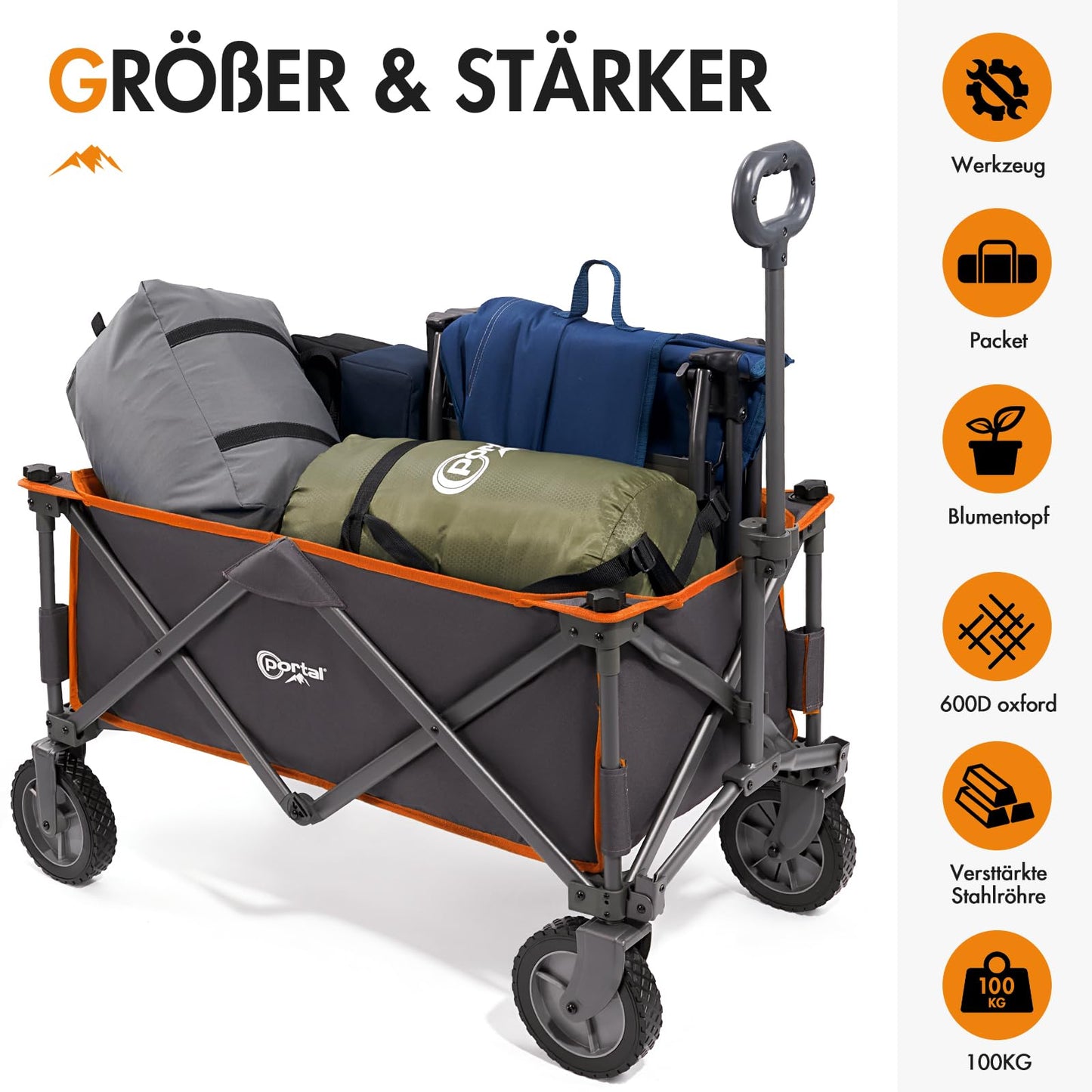 PORTAL Bollerwagen faltbar XXL Handwagen mit schnellspanerem Stoff Klappwagen Transportwagen tragbar Strandwagen Gartenwagen Faltwagen belastbar bis 100kg für Camping Garten Einkauf