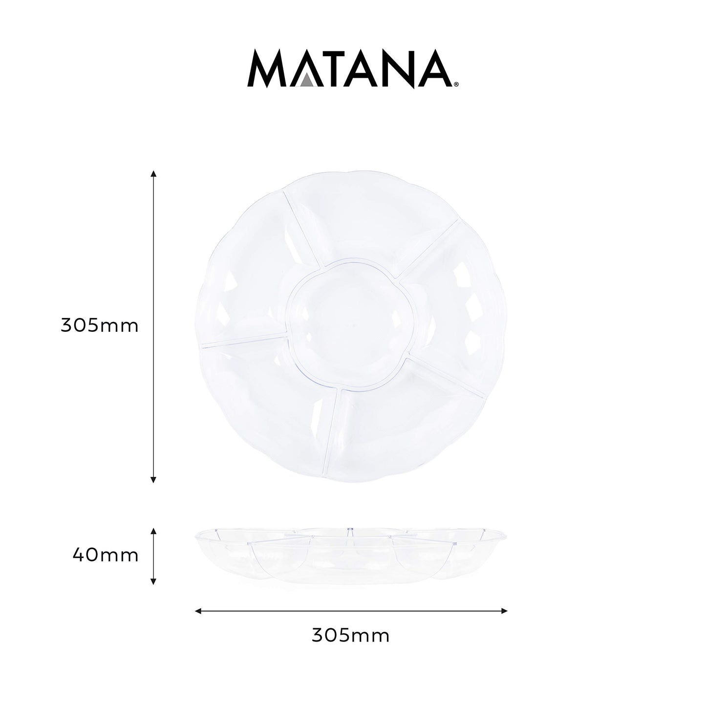 MATANA 5 Transparente Snackteller mit 6 Fächern (Kunststoff, 31cm) - Servierteller, Snackschalen & Dipschalen - Picknick & Partys - Elegant, Stabil & Mehrweg