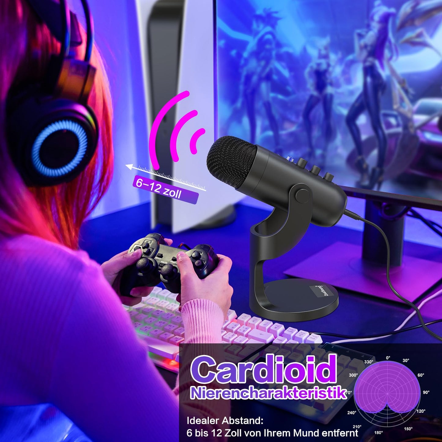 zealsound USB Mikrofon, Kondensator Mikrofon für PC Handy, PS4, PS5, Microphone PC USB C für Gaming, Podcast,Aufnahmen,Streaming,ASMR mit Stumm/Gain/Echo, Adapter für Phone,Kompatibel mit Mac, Winows