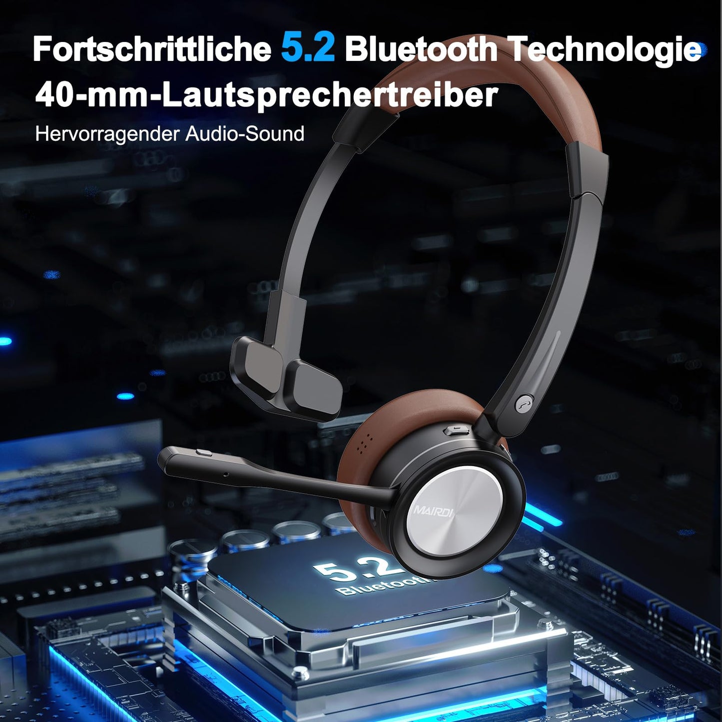 Mairdi Wireless Headset mit Mikrofon Noise Canceling, Mono Bluetooth Headset mit Ladestation, mit USB Bluetooth Adapter für Handy PC Call-Center Büro Zoom Microsoft Team Skype Chat