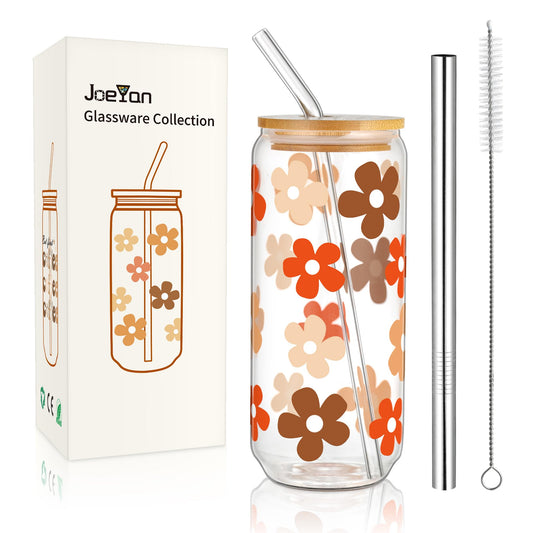 Joeyan 600ml Glas Trinkbecher mit Deckel und Strohhalm,Trinkgläser Dosenform mit Blumenmuster,Longdrinkgläser für Eiskaffee Bubble Tee Smoothies,Glaswaren Geschenk