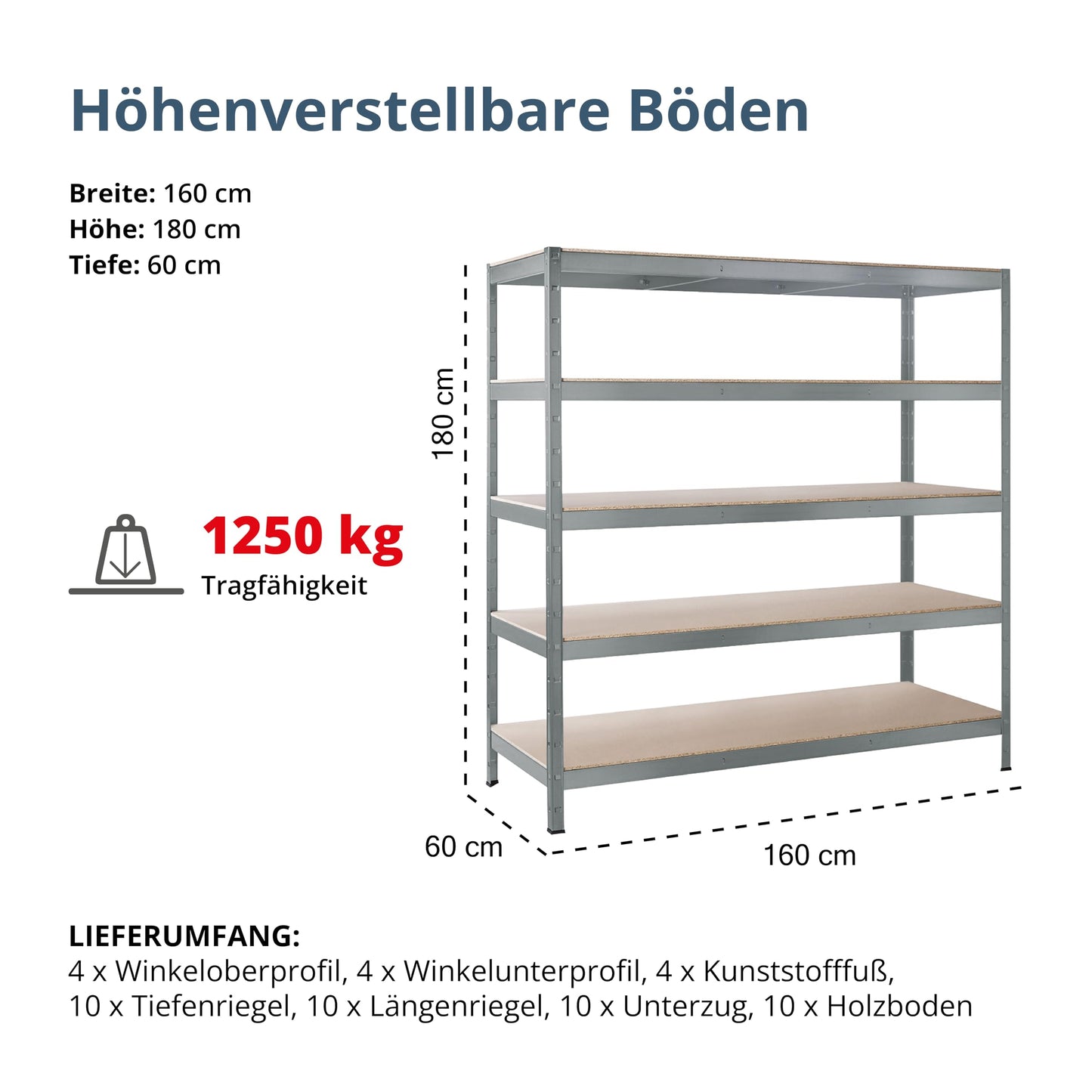 SCHULTE Regalwelt Schwerlastregal mit 5 Ebenen, 180x160x60 cm (HxBxT), Traglast pro Ebene ca. 250 Kg, verzinkt, Lagerregal, Kellerregal, Werkstattregal, Steckregal