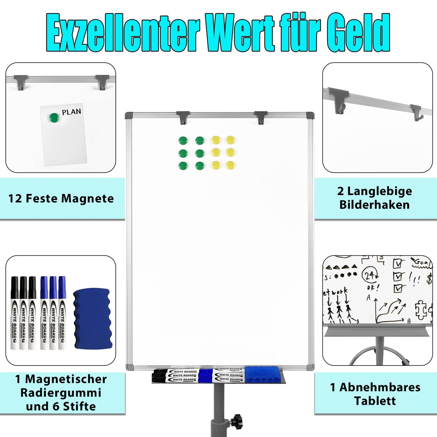 YRHome Flipchart mit Rollen 60x90 cm Whiteboard auf Rollenfuß Mobil Flipchart höhenverstellbar Staffelei Magnetisch Beschreibbar Abwischbar Präsentationstafel Papierhalter (Rundfuß mit Rollen)