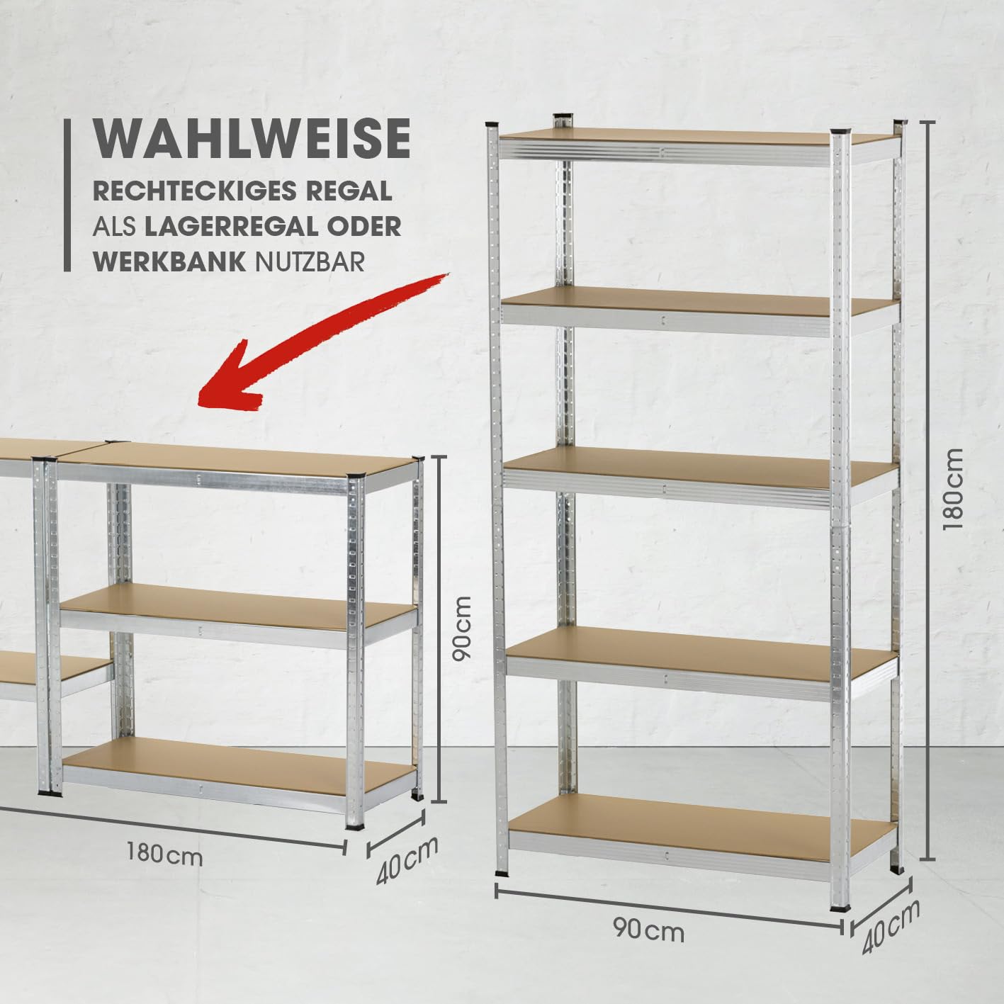 EASYmaxx Schwerlastregal 2er-Set 180x90x40 cm | 1750 kg Traglast, 175 kg pro Ebene | Regal und Werkbank | Kellerregal, Lagerregal mit 10 verstellbaren Ablagen | Keller, Garage, Hobbyraum, Werkstatt