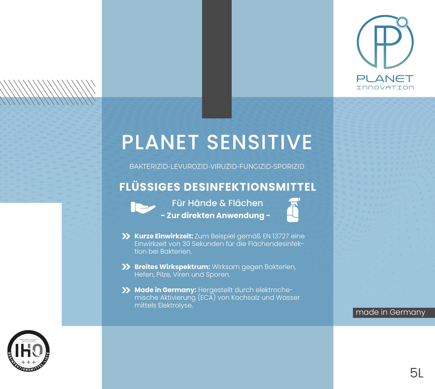 Planet Sensitive® - 5L alkoholfreies Desinfektionsmittel für Hände, Flächen & Haut - Gegen Bakterien, Viren, Sporen, Pilze, Hefen, Schimmel und Gerüche | Kanister (Halal & Koscher)