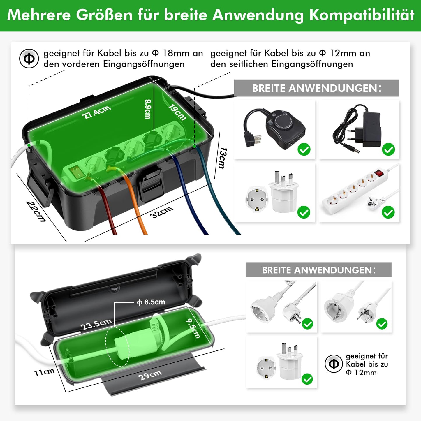 RESTMO IP44 wasserdichte Kabelbox für den Außenbereich (Outdoor), wetterbeständige Große Schutzbox für Verlängerungskabel, Schukostecker, Elektrowerkzeug, 290mm x 110mm x 75mm, Schwarz