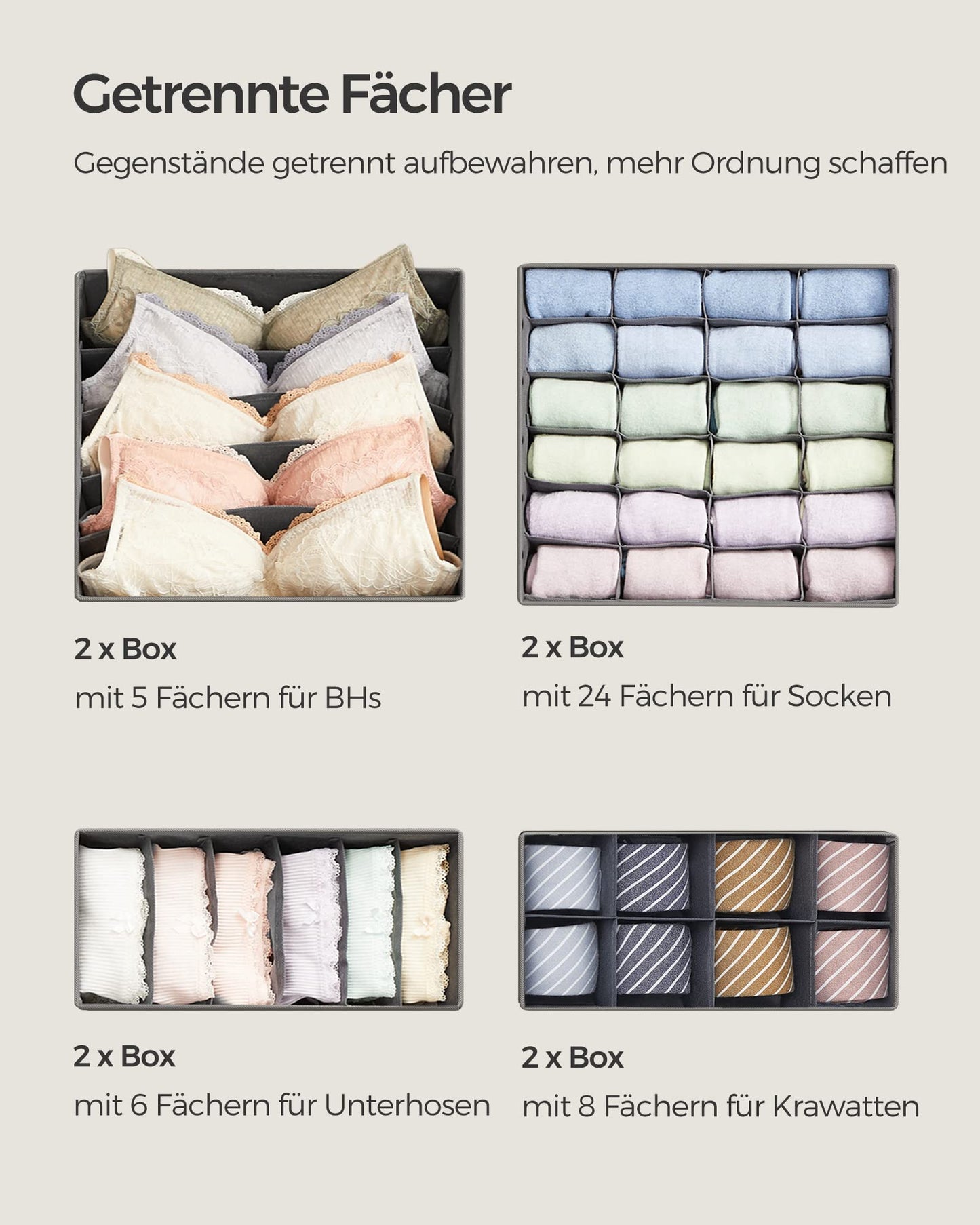 SONGMICS Unterwäsche-Organizer 8er Set, Schubladen-Organizer faltbar, Ordnungssystem Kleiderschrank, Aufbewahrungsbox Schrank, Stoffboxen Aufbewahrung, für BHs Socken Krawatten, grau RUS08GY