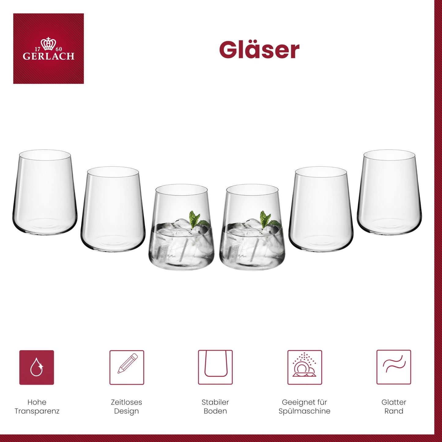 Gerlach 1760 Gläser Set 6 Stück 430 ml Trinkgläser Wassergläser Cocktailgläser Saftgläser Glas Dessert Spülmaschinenfest Modern