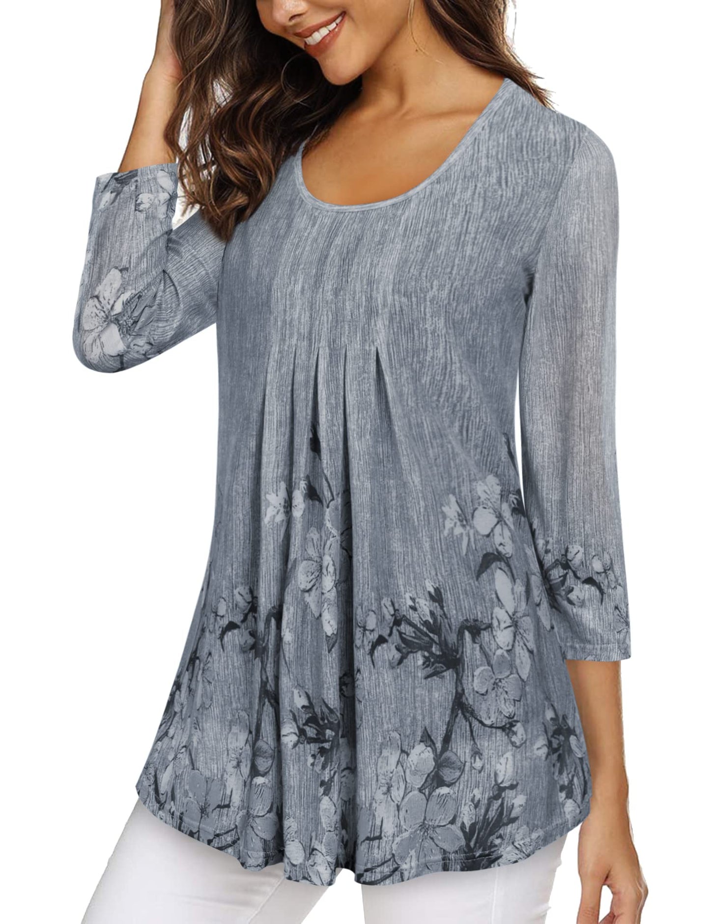 Gaharu Damenblusen 3/4 Arm Elegant Business Oberteil Frauen Festlich Tunika Damen zur Hochzeit Top Trendy Weite Passform Bluse A-Form Weich Falten Shirt Fallende Mehrlagige Bluse Grau-Blumen,XL