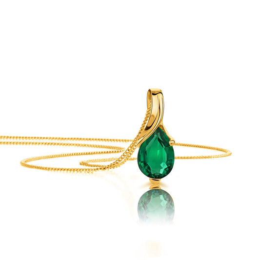 Orovi – Tropfen Halskette aus 9 Karat (375) Gelbgold mit Smaragd (0.62 ct) – filigrane Gold Kette Damen mit grünem Edelstein Anhänger in Tropfenform – Goldkette allergenfrei & handgemacht (45 cm)