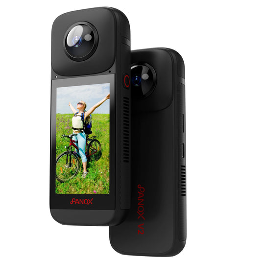 PANOX V2 360 Vlog Kamera mit 1/2" 48MP Sensoren, 5,7K 360 Video, 72MP 360 Foto, In-Kamera EIN-klick Schnellfreigabe, Multi-Plattform 4K 360 Live-Streaming, 3,0" Touchscreen, Schnellladung