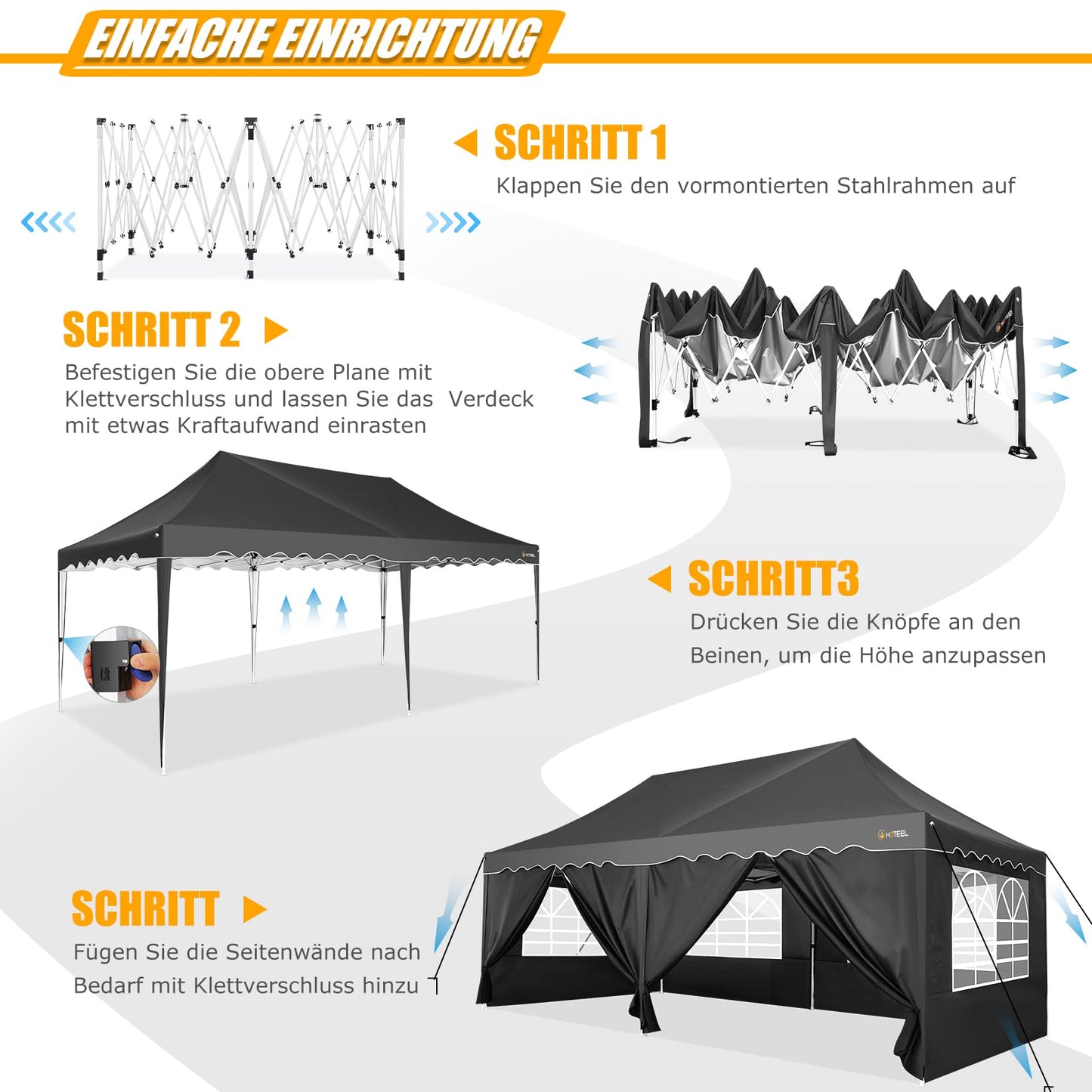 HOTEEL Pavillon 3x6 Faltpavillon 3x6 Wasserdicht Stabil, Partyzelt Faltbar Anti-UV 50+ Pop Up Gartenpavillon mit 6 Seitenwänden, 4 Sandsäcke, Tasche mit Rollen, für Hochzeiten Partys Markt, Schwarz