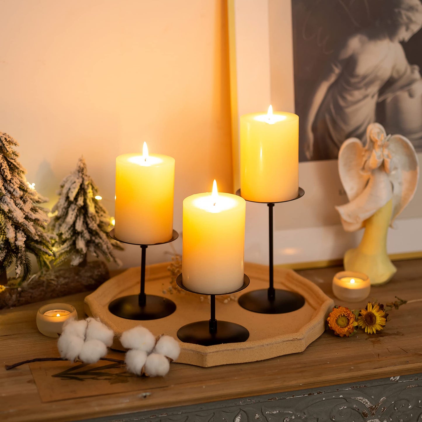 Romadedi Metall Kerzenständer Kerzenhalter Schwarz – für Stumpenkerzen Kerzen Adventskranz 6er Set, Unterschiedlicher Größe Vintage Modern Deko Tischdeko für Weihnachten Hochzeit Wohnzimmer