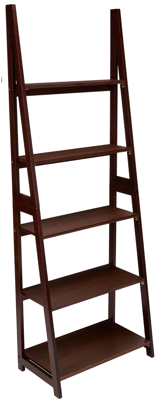 Amazon Basics Modernes Leiter-Bücherregal mit 5 Ebenen, Rahmen aus massivem Kautschukholz - Braun (Espresso), 36 cm x 63 cm x 178 cm (T x B x H)