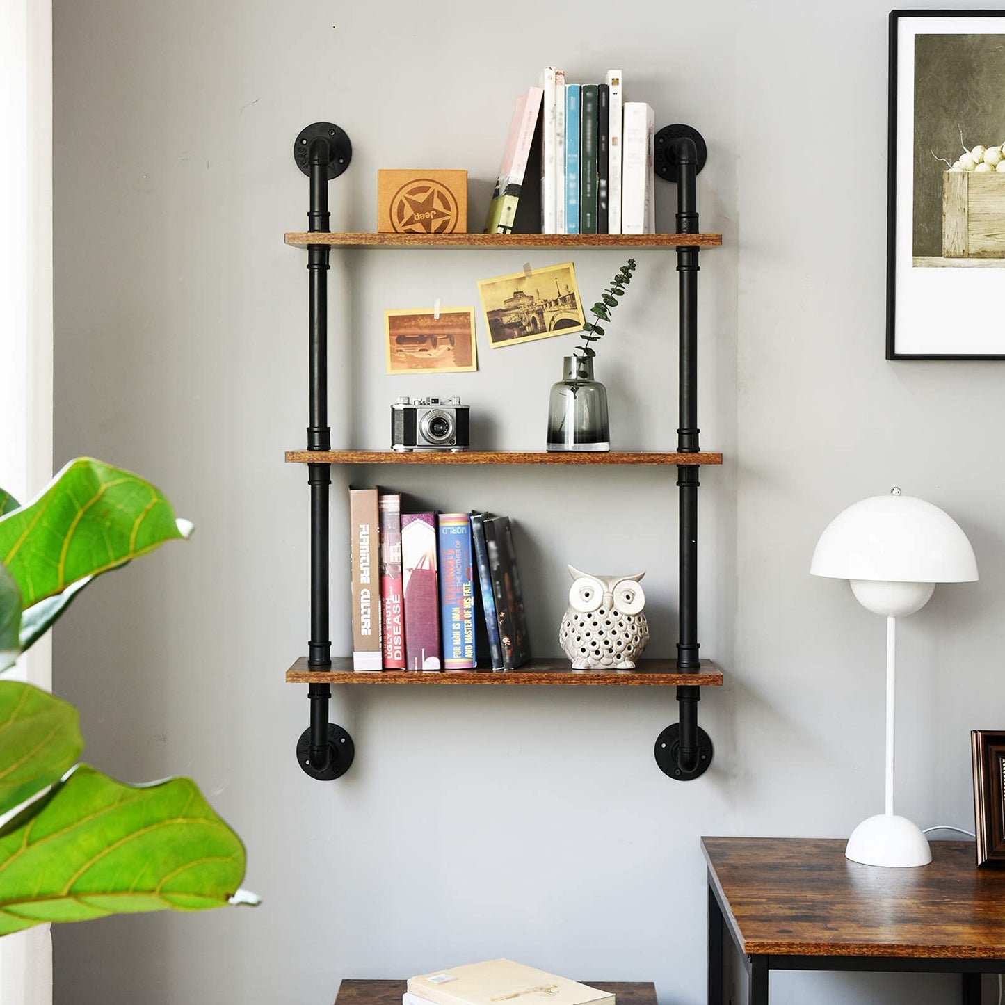 IBUYKE Wandregal, Schweberegal mit 3 Ebenen, 60x21x95cm, Wandboard für Bücher, Vintage Standregal, Leiterregal, Dekorative Regale, für Wohnzimmer, Küche, Schlafzimmer, Badezimmer RF-TM003