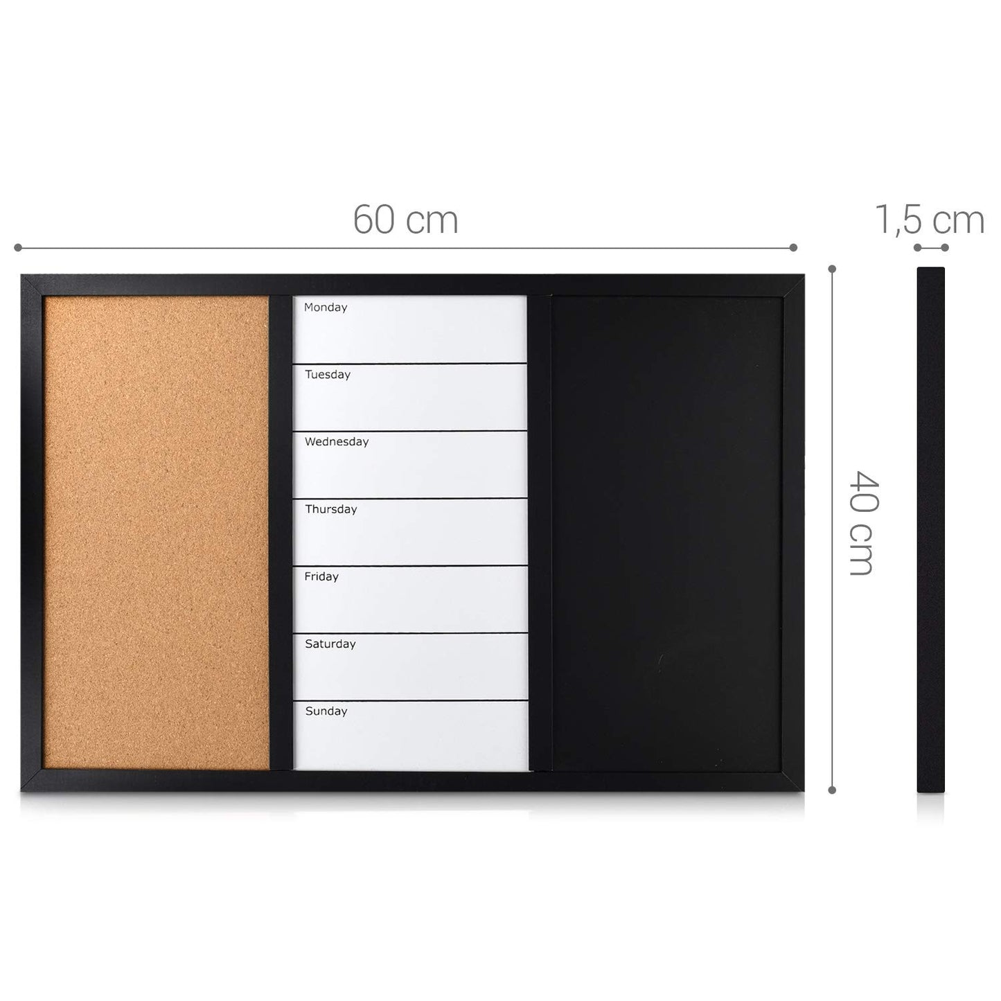 Navaris 3in1 Kombitafel 60x40cm - Kreidetafel Whiteboard Kork Pinnwand - Memoboard magnetische Seiten Weekly Plan inkl. Kreide Pins Magnete