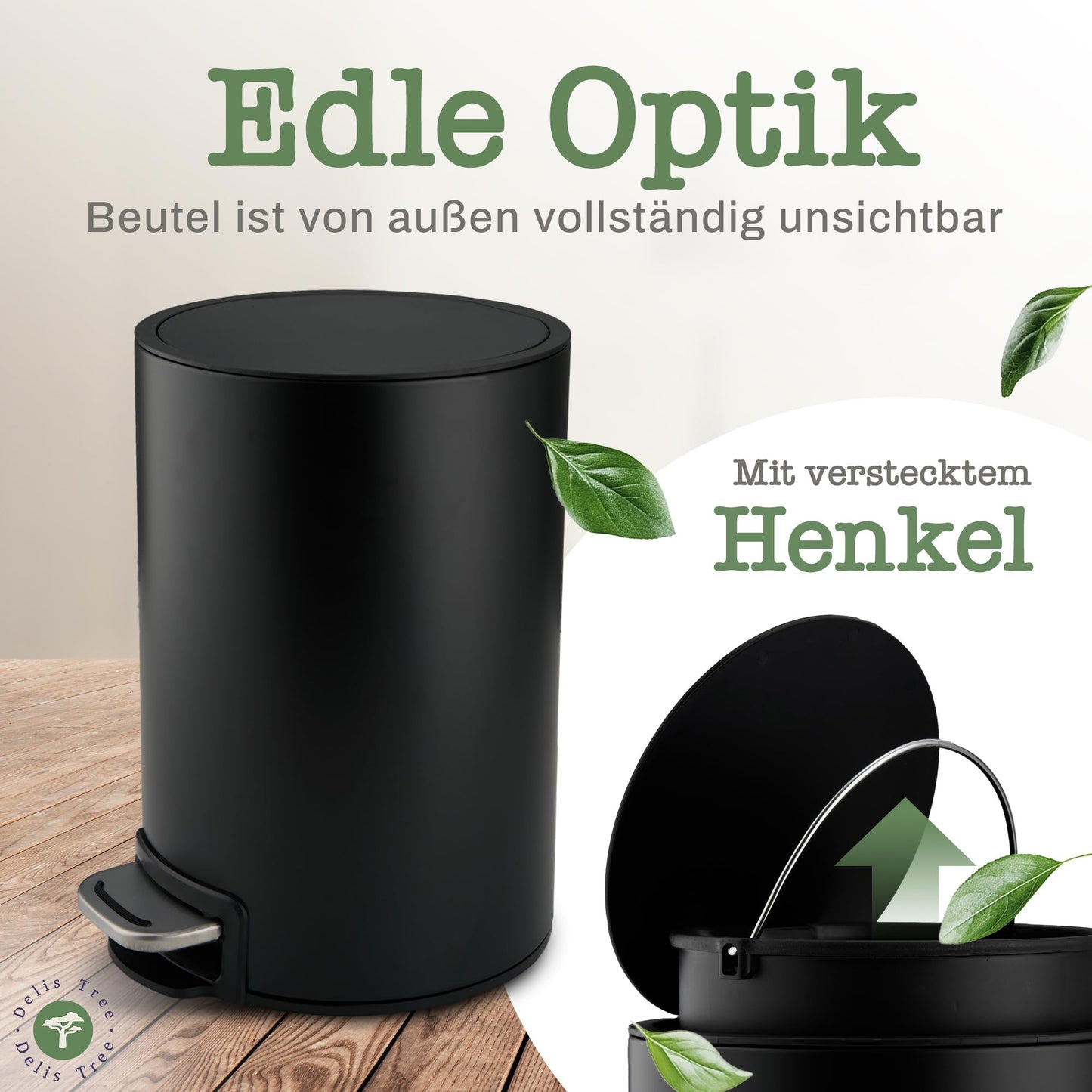 Delis Tree Mülleimer 5L, Tretmülleimer mit edlem Design & Softclose, Anti-Geruch Abfalleimer, für Bad Badezimmer Toilette Küche Büro, Müll Eimer Trash Haushalt Kosmetik Mülltonne Inneneimer (Schwarz)