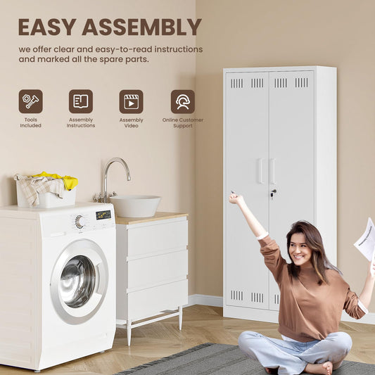 Sightlife Weißer Stahlschrank DBDEQJ24594W 168x70x30 cm – Abschließbarer Mehrzweckschrank mit Magnetverschluss und Aufhängung