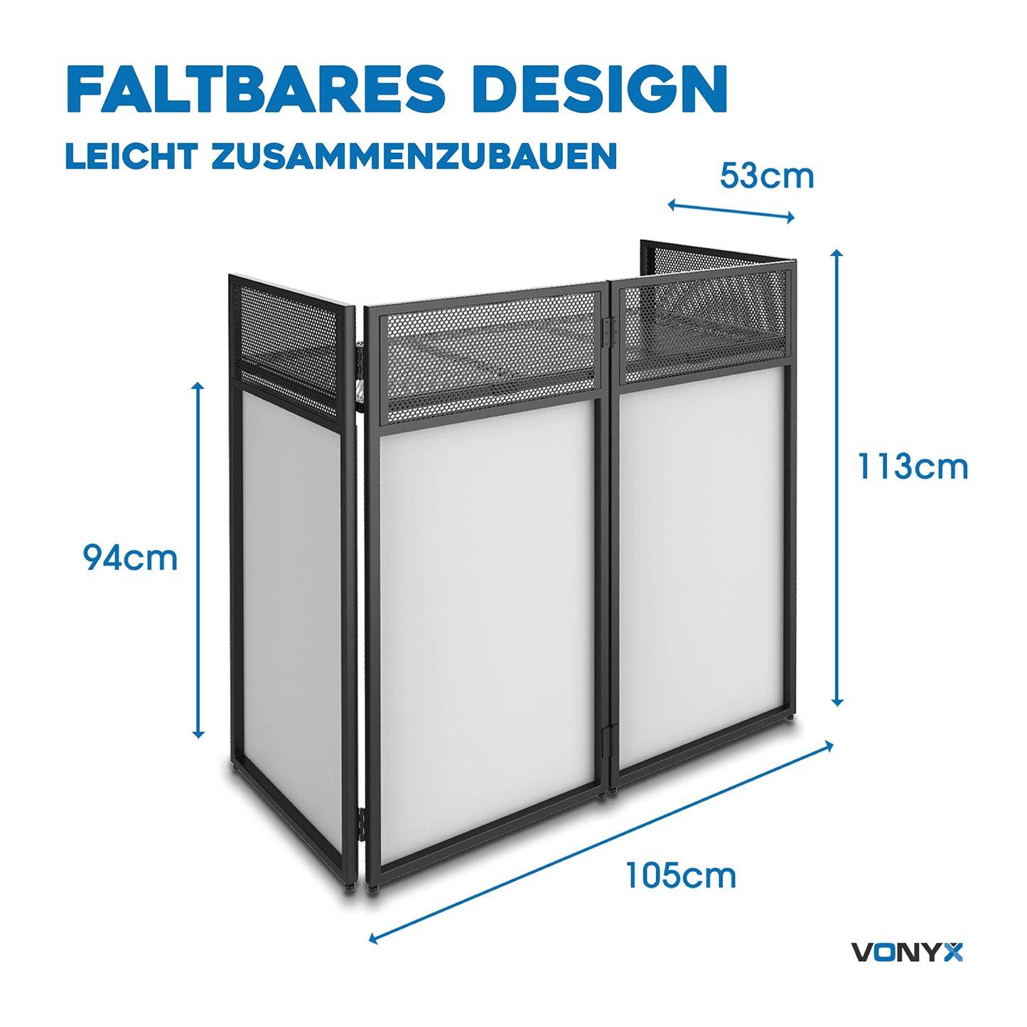 Vonyx DB4 Pro DJ Pult, faltbares DJ Tisch Mobil, Klappbar, DJ Booth mit weißer und schwarzer Verkleidung, mobiler DJ Stand, DJ Equipment für mobile DJs auf Feierlichkeiten