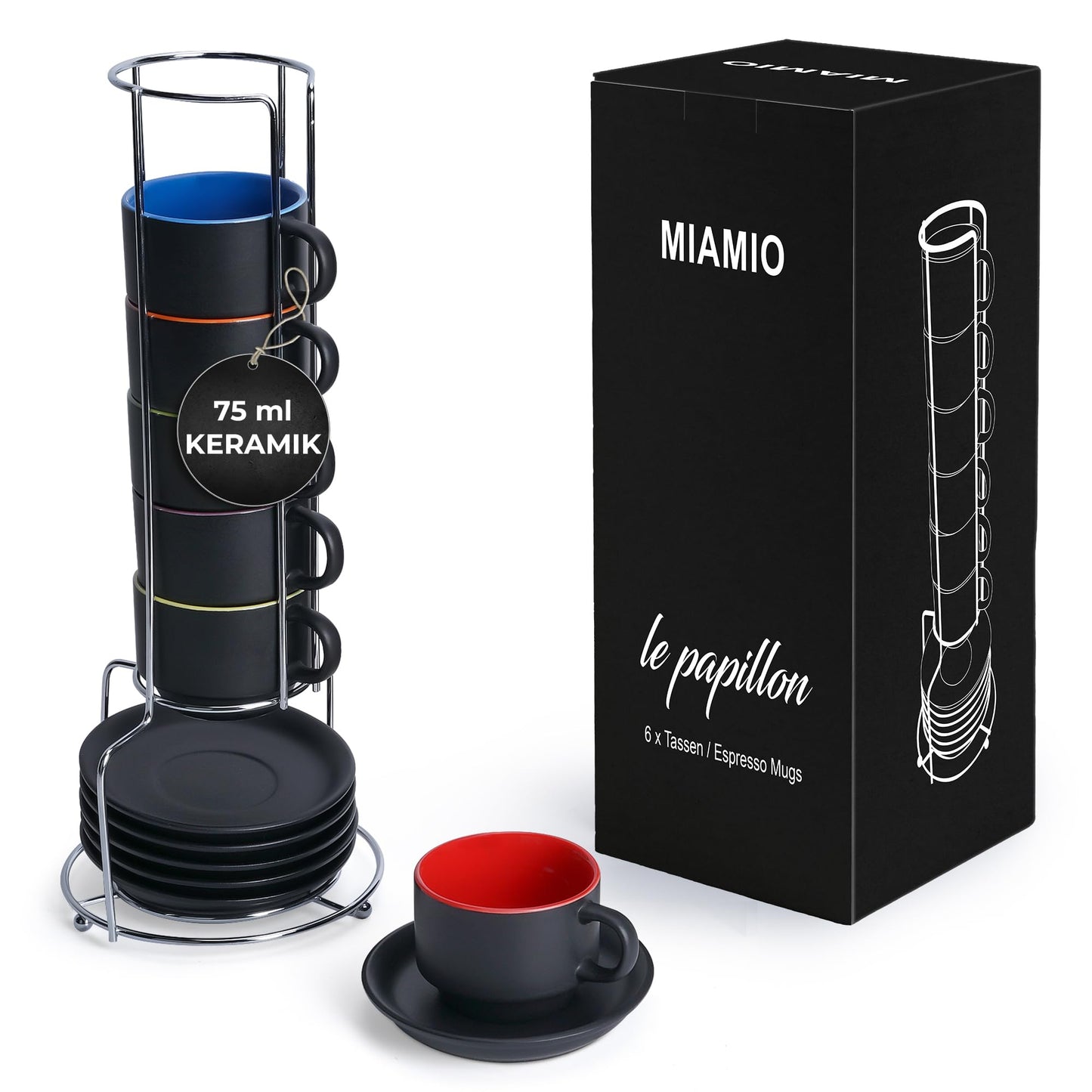 MIAMIO - 6 x 75 ml Espressotassen Set/Espresso Tassen Set mit Untertasse & Ständer - Kaffeetassen Set 6er Kaffeebecher Keramik - Le Papillon Kollektion (Bunt)