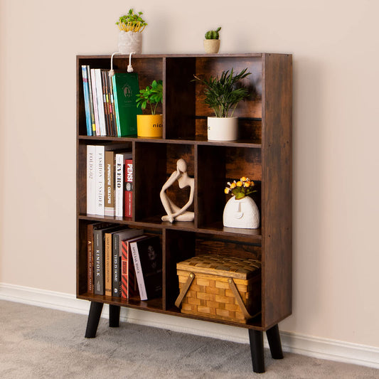 3-Etagen-Bücherregal LEYAOYAO, rustikales Braun, modernes Kreuzdesign, freistehend, für Bücher und Deko