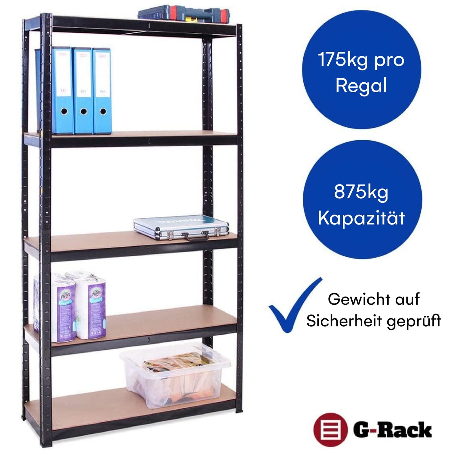 G-Rack Garagenregal | 2 schwarzes 5 Etagen Regal, 875KG Kapazität, 175KG pro Regalbrett | 5 Jahre Garantie | 180x90x30 cm