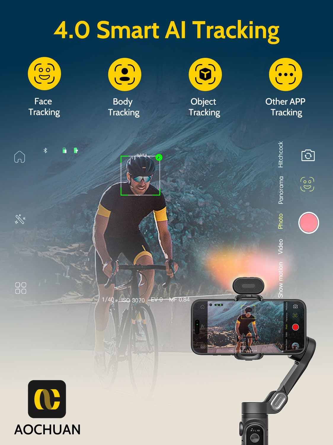 AOCHUAN Handlicher 3-Achsen-Gimbal-Stabilisator für Smartphone,Gimbal-Stabilisator für iPhone und Android mit 1/4 Zoll Gewinde,RGB-Magnetlicht,AI-Tracking-Handy-Gimbal für Vlogging-Smart X Kit Schwarz