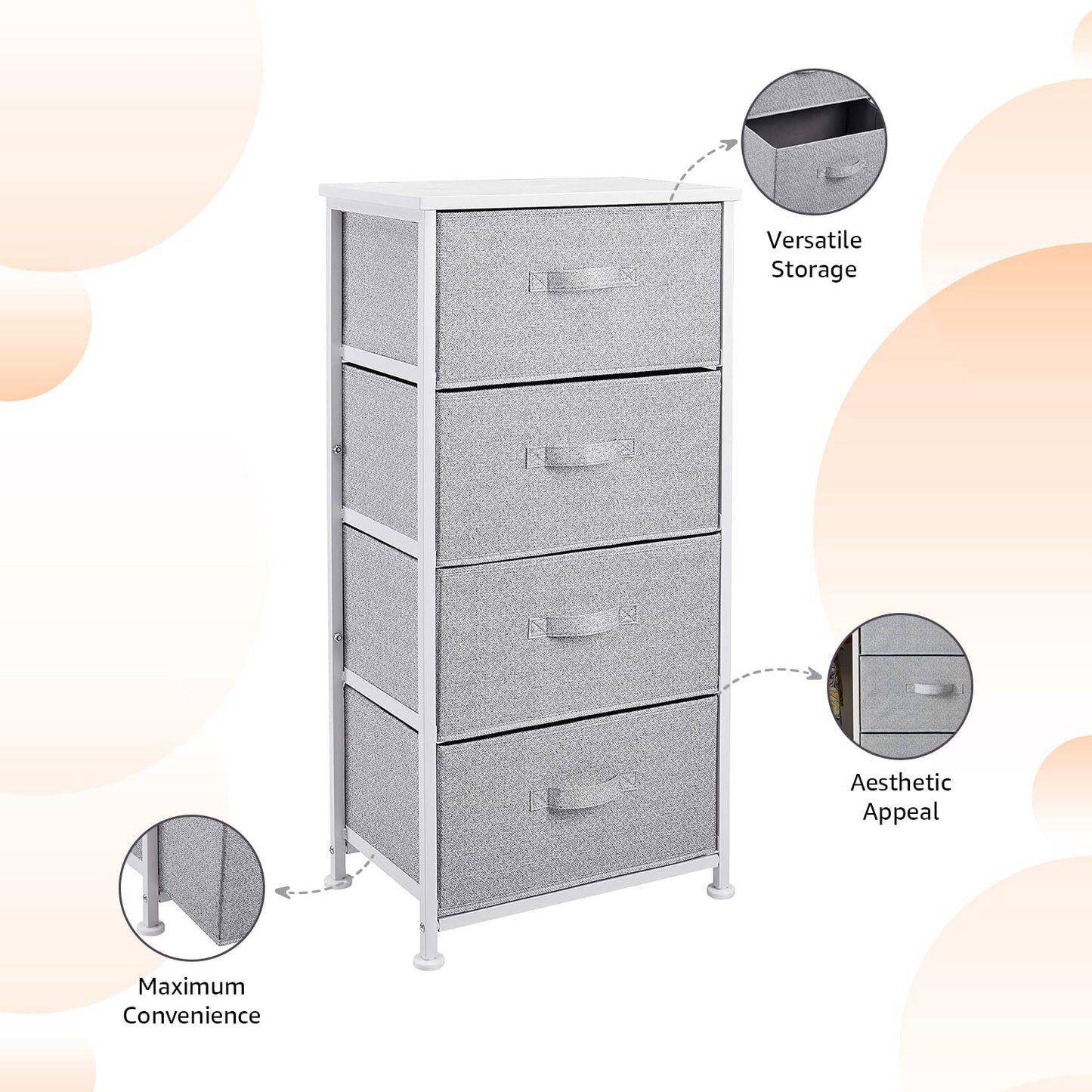 Amazon Basics Schubladenschrank-Ordnungssystem mit Stabilem Metallrahmen und 4 Herausnehmbaren Schubladen aus Stoff, Weiß