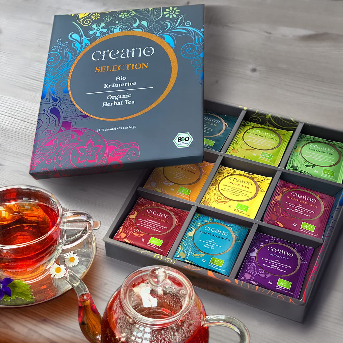 Creano Bio Kräutertee Geschenkset „ORGANIC HERBAL TEA“ - 27 Bio-Teebeutel in 9 unterschiedlichen Sorten - 54g*