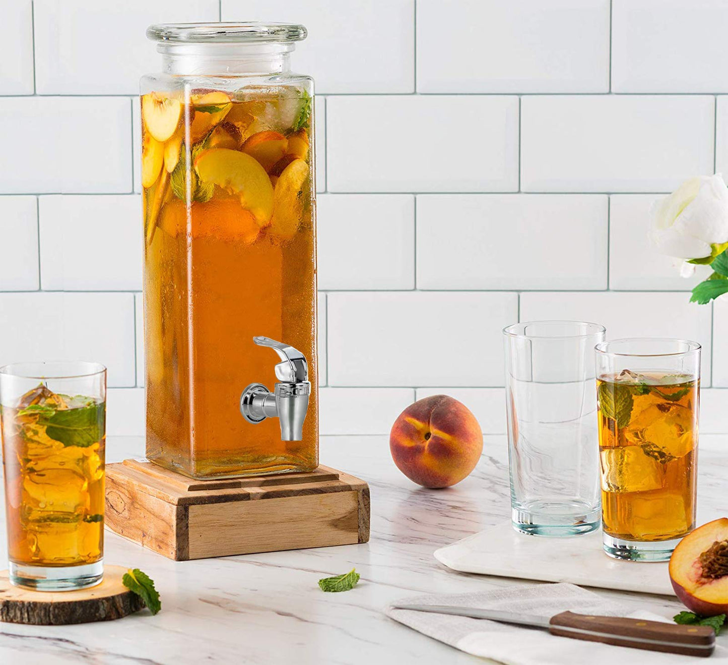 Mary´s Kitchen Tools Eckiger Getränkespender 2,5 Liter aus Glas | mit Zapfhahn | Retro Wasserspender | Limonadenspender | Saftspender |Bowle | Dispenser