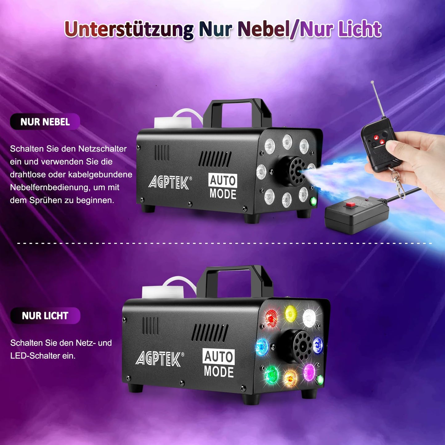 Nebelmaschine, AGPtEK Nebel Maschine mit kabelloser Fernbedienung UND LED Licht, 500 WATT Stabil & Tragbar, Passend für Halloween, Weihnachten, Hochzeitsfeiern & Bühnenauftritte usw