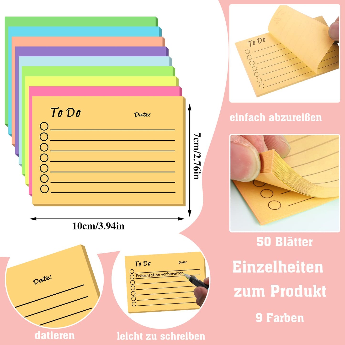 9 Blöcken Haftnotizen, 450 Blätter To Do Liste Haftnotizblock Linierte Notizzettel Sticky Notes Selbstklebend für Familie Schule Büro (10 X 7cm)