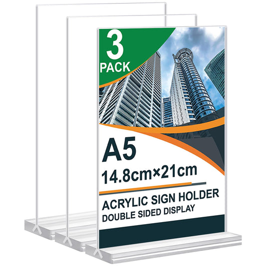 Arrobust Tischaufsteller A5, 3 Stück Preisschilder Aufsteller Tischständer Doppelseitiger Vertikaler Acryl T-Ständer für Fotorahmen, Heim, Büro, Speisekarte, Einzelhandel, Messe (A5-3pack)