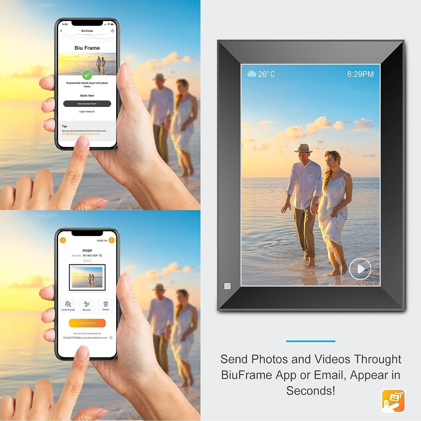 Zcyge WLAN Digitaler Bilderrahmen 10.1 Zoll，Videoclips und Fotos sofort per E-Mail oder App teilen，Automatische Bilderdrehung, Energiesparender Bewegungssensor,Schwarz…