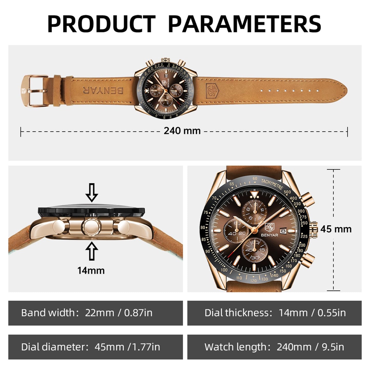 BENYAR Uhren Herren Chronograph Analog Quarz Braun Lederarmband Armbanduhr Herren Wasserdicht Leuchtende Datum Herrenuhr Mode Lässig Sport Business-Kleid Uhren fur Männer Elegantes Geschenk