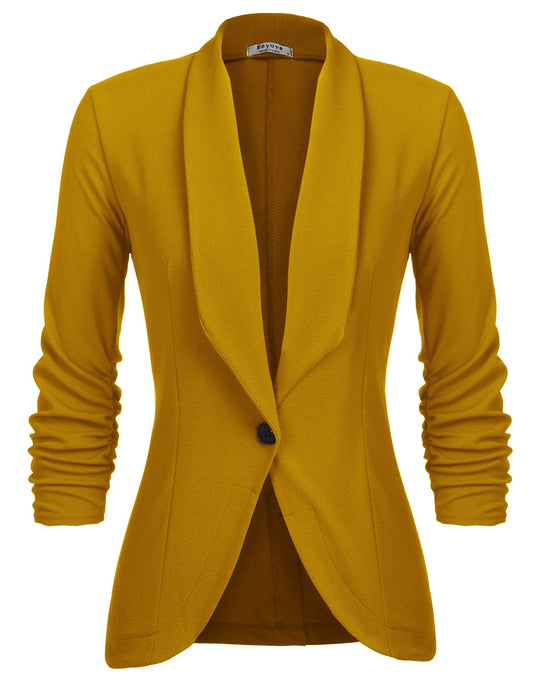 UNibelle Damen Blazer 3/4 Arm Lang Jacken V-Ausschnitt Stretch Elegant Bolero Jacke Tailliert Damenblazer Ockergelb XL
