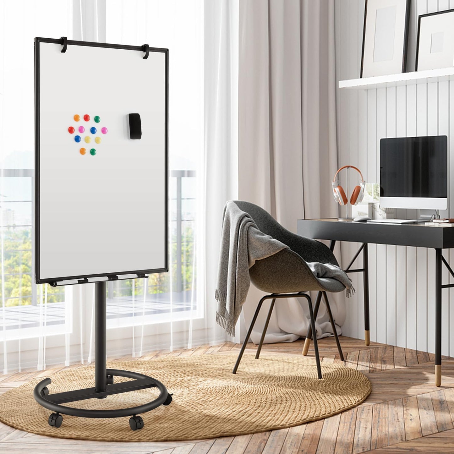 COSTWAY Flipchart Ständer, 100x65cm, mobiles Whiteboard auf Rollen, höhenverstellbar bis 192cm, trocken abwischbar, magnetisch, Flip Chart mit rundem Ständer, Magneten, Markern & Radierer