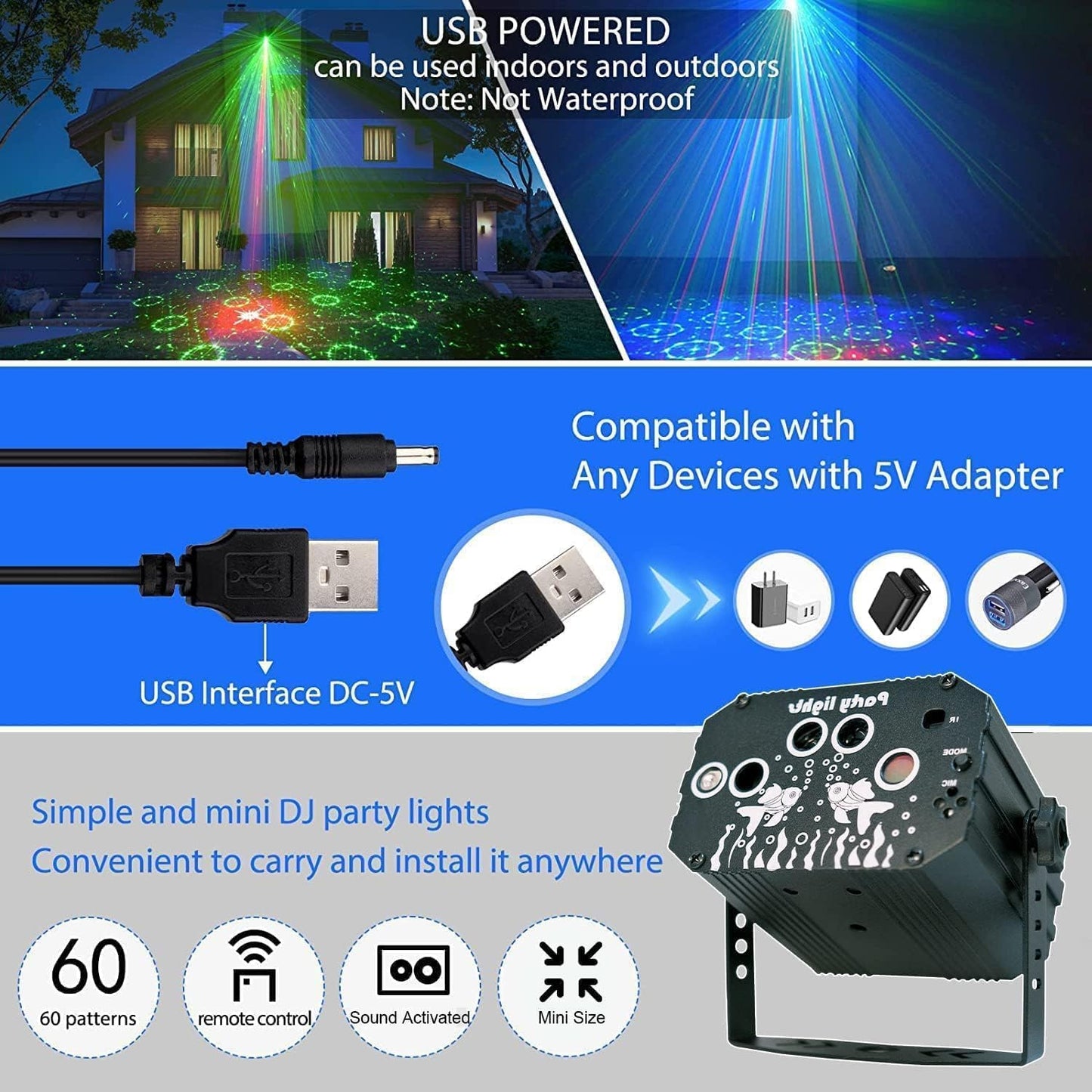 Discolicht Partylicht, Party Deko Disco licht, Dj licht Musikgesteuert Mit Fernbedienung USB 61 Verschiedene Muster discokugel für Karaoke Familientreffen Hochzeit Kids Geburtstag