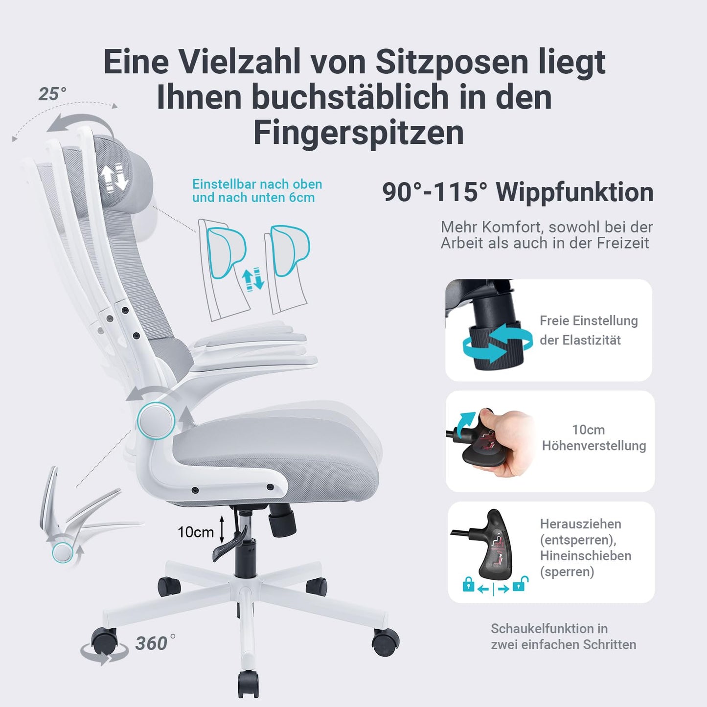 MELOKEA Bürostuhl Ergonomisch mit Verstellbare Kopfstütze, Schreibtischstuhl aus Mesh