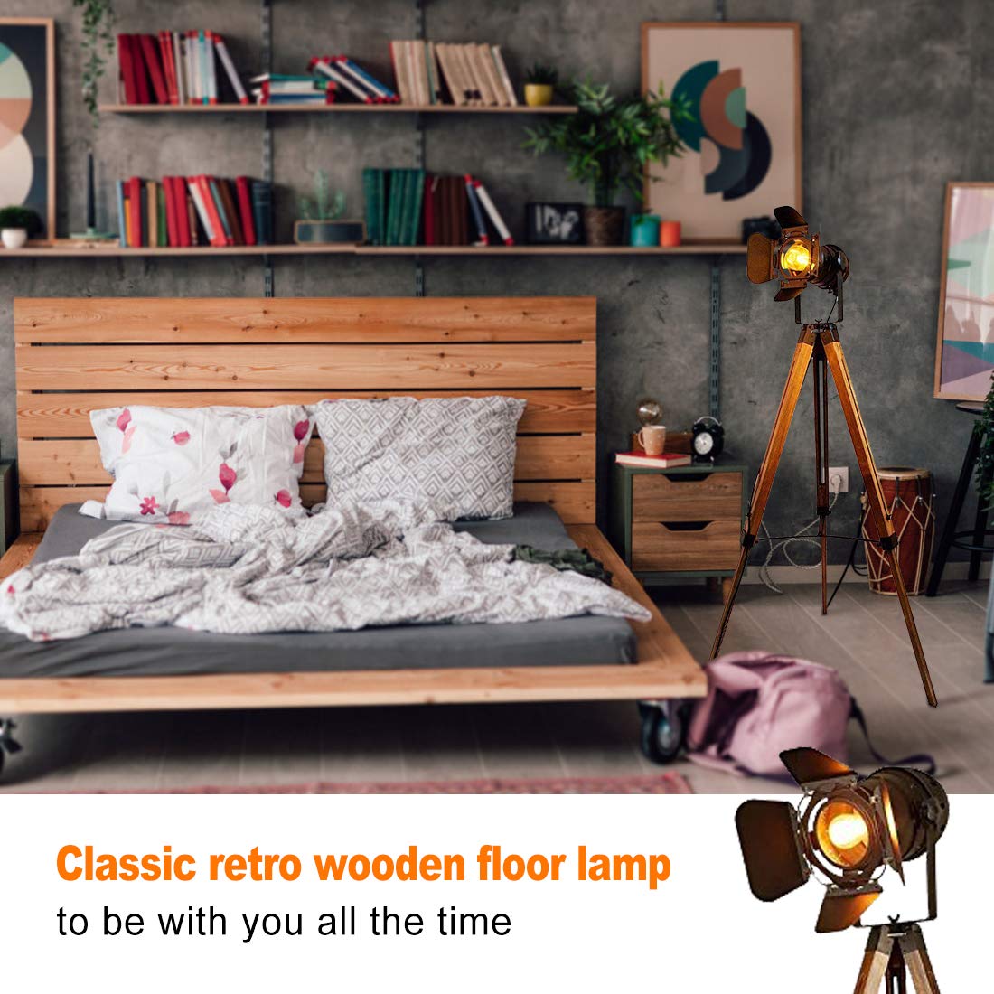 Barcelona LED Vintage Stehleuchte Tripod Stehlampe Deckenfluter im Cinema Stil, mit Dreifuß aus Holz Stativ Holz, Studiolampe, Studioleuchte, Wohnzimmerlampe, Wohnzimmerleuchte, LV 234