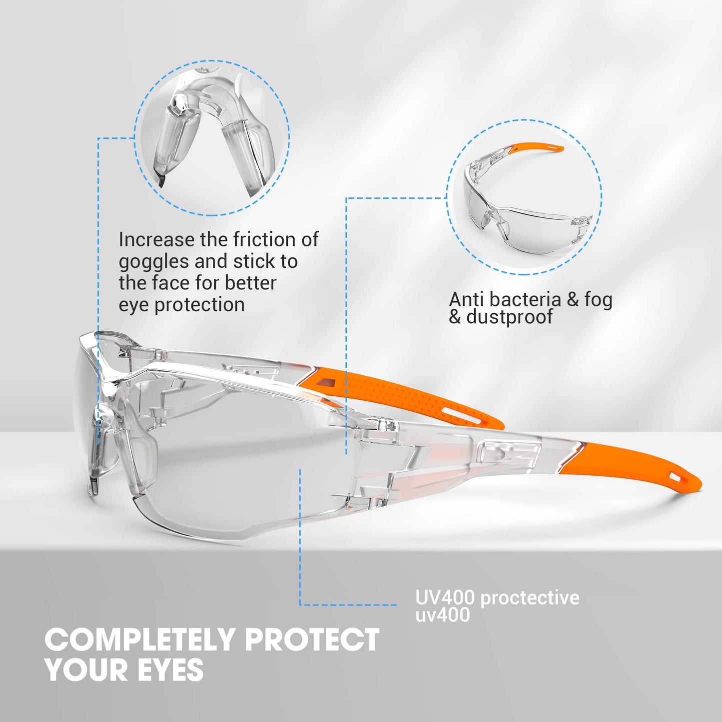 TOREGE Transparente Schutzbrille - Verstellbarer, beschlagfreier und kratzfester Nasensteg mit rutschfesten Gummigriffen - ANSI Z87 (Orange)