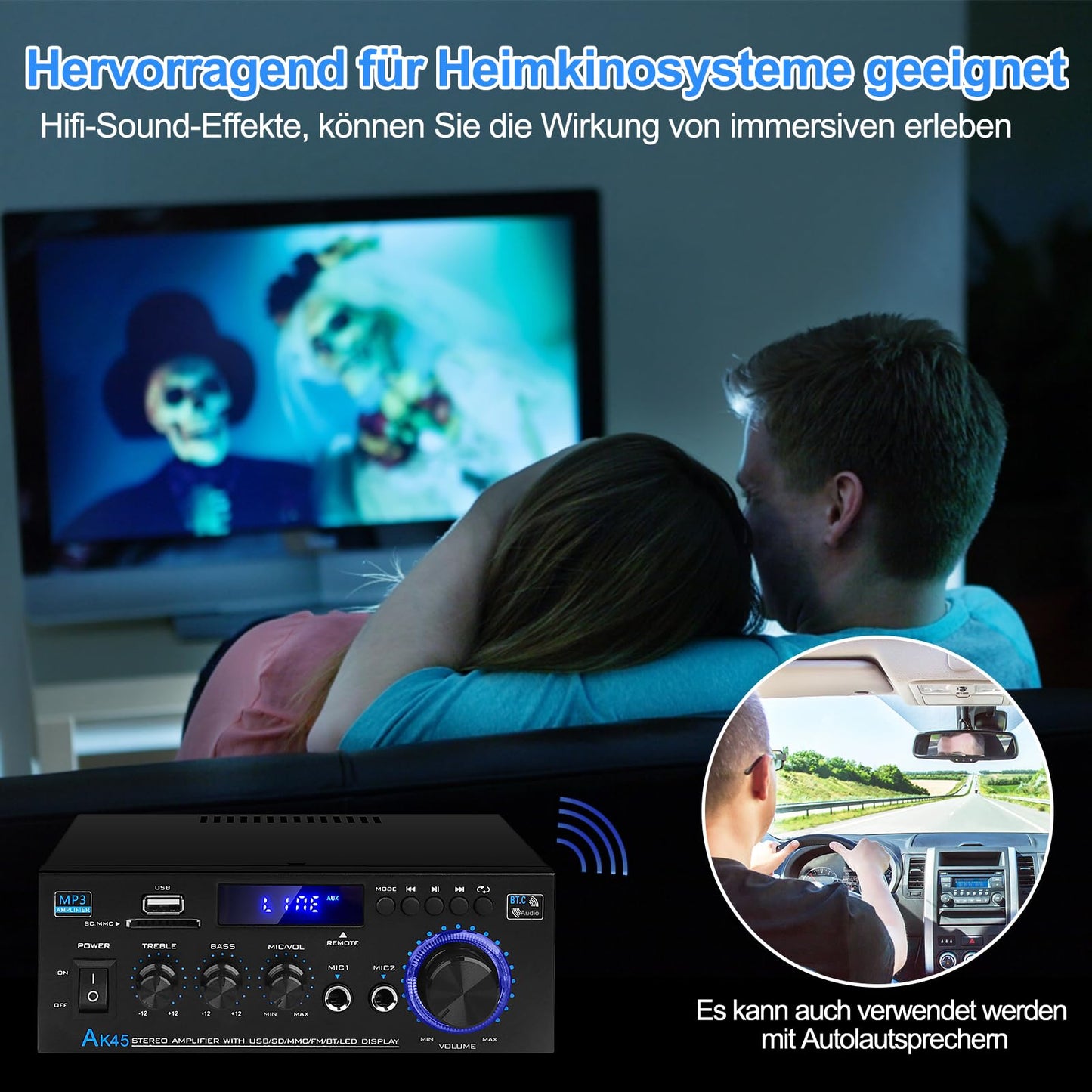 HiFi-Verstärker AK45 Mini Bluetooth Stereo-Audioverstärker Receiver 12V/ 220V 400W 2 Kanäle Digitale Endverstärker Soundverstärker w/UKW-Radio, SD/USB-Karteneingang, für Zuhause oder Auto
