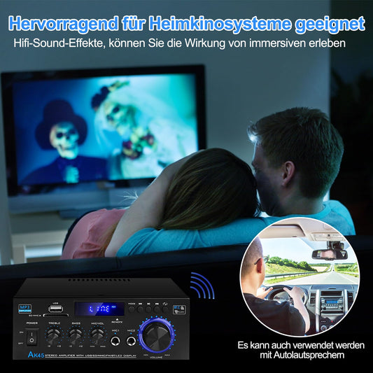 HiFi-Verstärker AK45 Mini Bluetooth Stereo-Audioverstärker Receiver 12V/ 220V 400W 2 Kanäle Digitale Endverstärker Soundverstärker w/UKW-Radio, SD/USB-Karteneingang, für Zuhause oder Auto