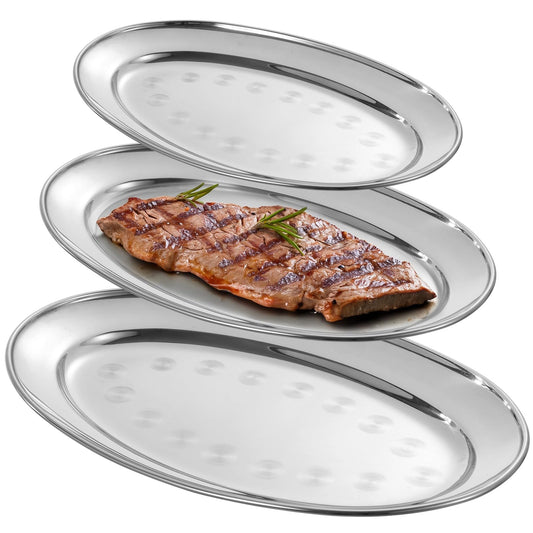 3 Stück ovale Edelstahl-Servierplatten, lebensmittelechte Metall-Servierplatte, großes Brutzel-Serviertablett, Kellnertablett, hochglanzpoliertes Edelstahl-Lebensmitteltablett für Abendessen, Partys